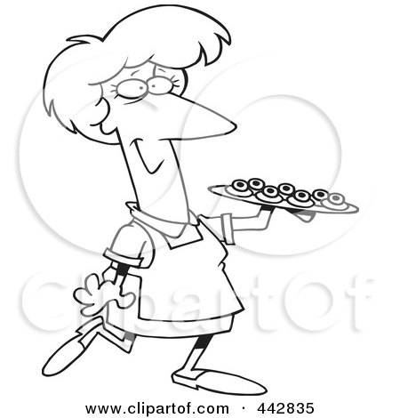 Royalty-Free (RF) Clip Art Illustration of a Cartoon Black And White Outline Design Of A Woman Serving Finger Foods by toonaday