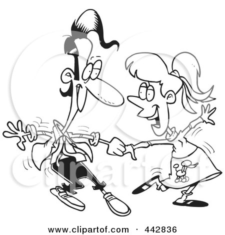 Royalty-Free (RF) Clip Art Illustration of a Cartoon Black And White Outline Design Of A 50s Styled Couple Dancing by toonaday