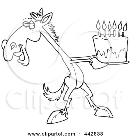 Royalty-Free (RF) Clip Art Illustration of a Cartoon Black And White Outline Design Of A Horse Presenting A Birthday Cake by toonaday