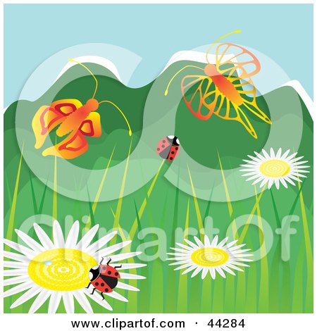 Clipart Illustration of Butterflies And Ladybugs Frolicking Over Wild Flowers by kaycee