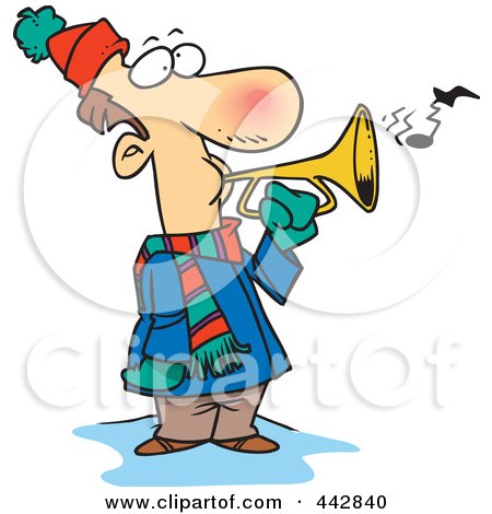 Royalty-Free (RF) Clip Art Illustration of a Cartoon Winter Man Playing A Horn by toonaday