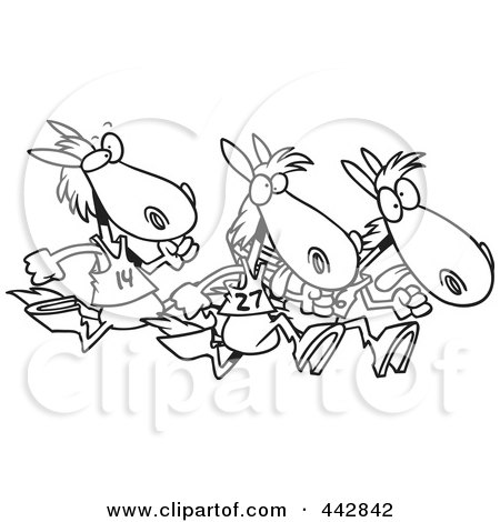 Royalty-Free (RF) Clip Art Illustration of a Cartoon Black And White Outline Design Of Racing Horses by toonaday