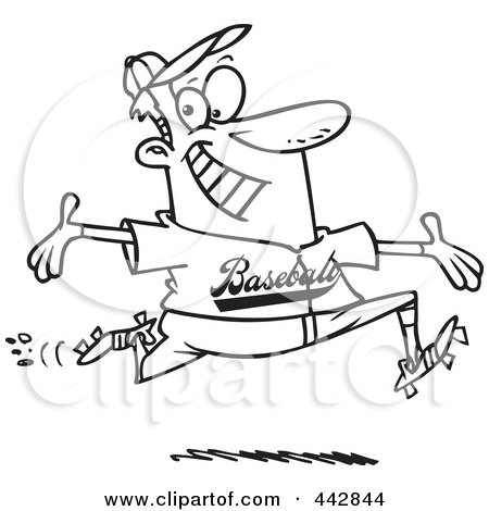Royalty-Free (RF) Clip Art Illustration of a Cartoon Black And White Outline Design Of A Baseball Man Making A Home Run by toonaday