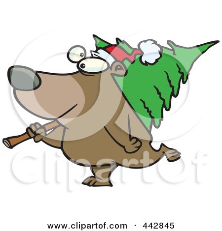 Royalty-Free (RF) Clip Art Illustration of a Cartoon Bear Carrying A Christmas Tree by toonaday