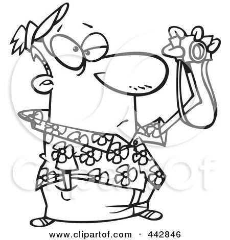 Royalty-Free (RF) Clip Art Illustration of a Cartoon Black And White Outline Design Of A Bored Man Taking Pictures by toonaday