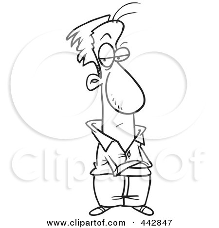 Royalty-Free (RF) Clip Art Illustration of a Cartoon Black And White Outline Design Of A Grumpy Man With Folded Arms by toonaday