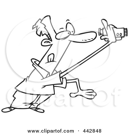 Royalty-Free (RF) Clip Art Illustration of a Cartoon Black And White Outline Design Of A Man Recording A Home Video by toonaday