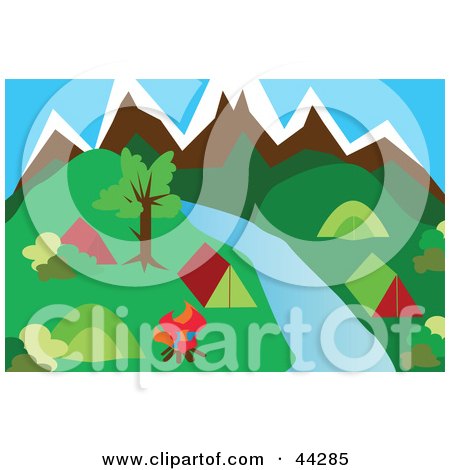 Clipart Illustration of a River Flowing Through A Campground In The Mountains by kaycee