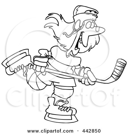 Royalty-Free (RF) Clip Art Illustration of a Cartoon Black And White Outline Design Of A Female Hockey Player by toonaday