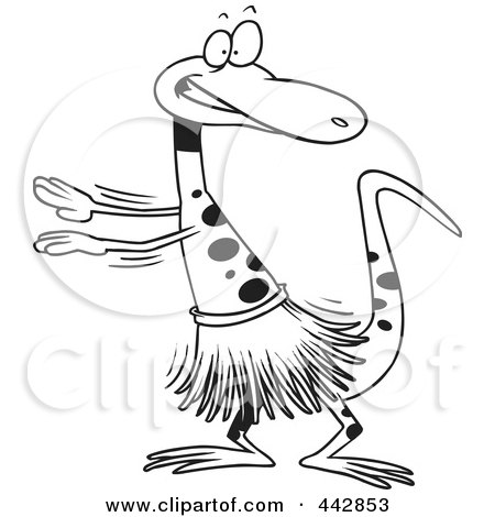 Royalty-Free (RF) Clip Art Illustration of a Cartoon Black And White Outline Design Of A Gecko Hula Dancing by toonaday