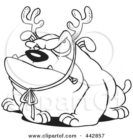 Royalty-Free (RF) Clip Art Illustration of a Cartoon Black And White Outline Design Of A Grouchy Bulldog Wearing Antlers by toonaday