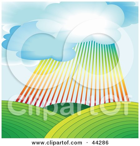Clipart Illustration of a Rainbow Shining Down Over Green Agricultural Hills by kaycee