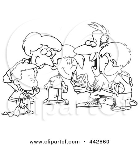 Royalty-Free (RF) Clip Art Illustration of a Cartoon Black And White Outline Design Of A Huddled Family Reading A Football Play Book by toonaday