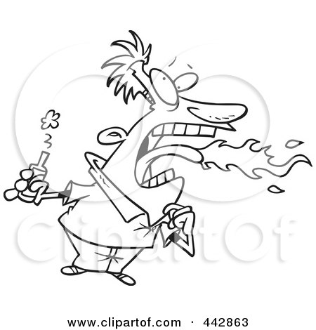 Royalty-Free (RF) Clip Art Illustration of a Cartoon Black And White Outline Design Of A Firey Mouthed Man With Hot Sauce by toonaday