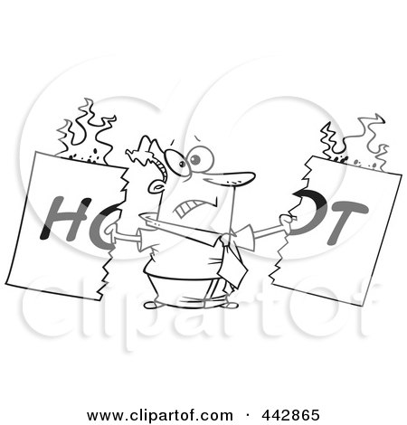 Royalty-Free (RF) Clip Art Illustration of a Cartoon Black And White Outline Design Of A Man Tearing A Hot Sign by toonaday