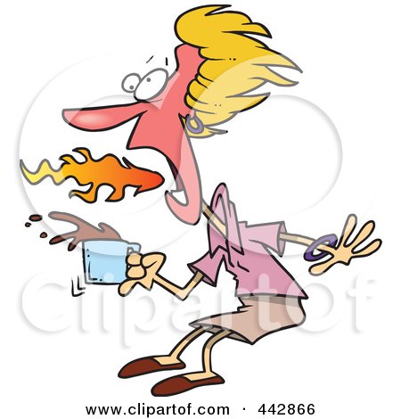 Royalty-Free (RF) Clip Art Illustration of a Cartoon Fiery Mouthed Woman With Hot Coffee by toonaday