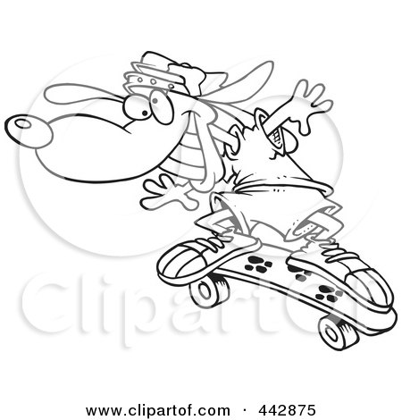 Royalty-Free (RF) Clip Art Illustration of a Cartoon Black And White Outline Design Of A Skateboarding Dog by toonaday