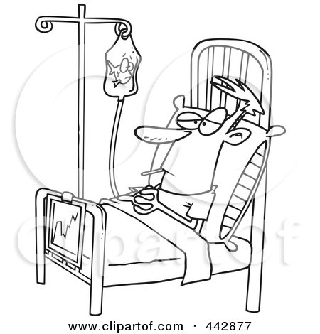 Royalty-Free (RF) Clip Art Illustration of a Cartoon Black And White Outline Design Of A Medical Patient Watching A Goldfish In His Fluid Bag by toonaday