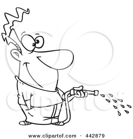 Royalty-Free (RF) Clip Art Illustration of a Cartoon Black And White Outline Design Of A Man Using A Garden Hose by toonaday