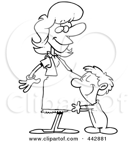 Royalty-Free (RF) Clip Art Illustration of a Cartoon Black And White Outline Design Of A Son Hugging His Pregnant Mom by toonaday