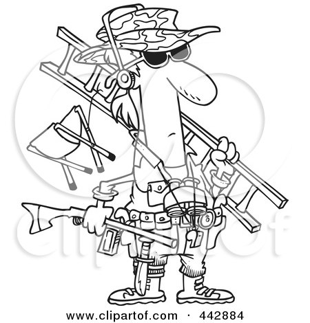 Royalty-Free (RF) Clip Art Illustration of a Cartoon Black And White Outline Design Of A Hunter Carrying His Gear by toonaday