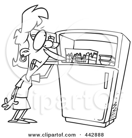 Royalty-Free (RF) Clip Art Illustration of a Cartoon Black And White Outline Design Of A Woman Standing By A Freezer During A Hot Flash by toonaday