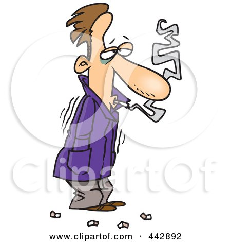 Royalty-Free (RF) Clip Art Illustration of a Cartoon Cold Man Shivering In His Jacket And Smoking by toonaday