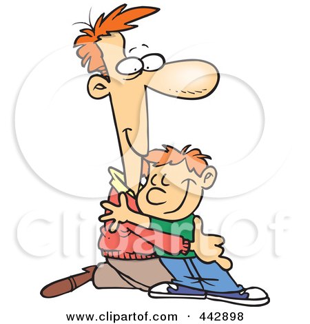 Royalty-Free (RF) Clip Art Illustration of a Cartoon Father Kneeling To Hug His Son by toonaday
