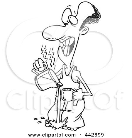 Royalty-Free (RF) Clip Art Illustration of a Cartoon Black And White Outline Design Of A Black Man Pouring Hot Coffee On His Feet by toonaday