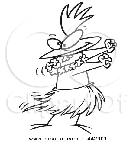 Royalty-Free (RF) Clip Art Illustration of a Cartoon Black And White Outline Design Of A Chicken Hula Dancing by toonaday