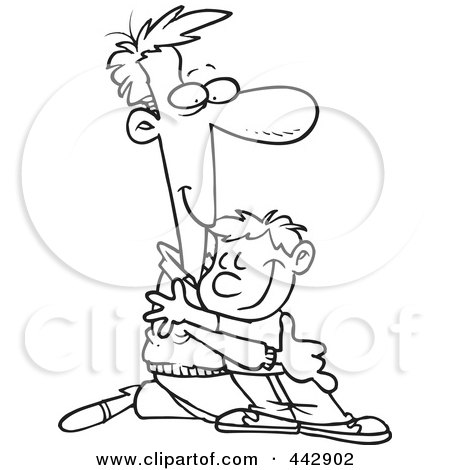 Royalty-Free (RF) Clip Art Illustration of a Cartoon Black And White Outline Design Of A Father Kneeling To Hug His Son by toonaday
