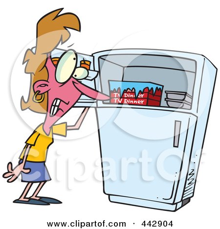Royalty-Free (RF) Clip Art Illustration of a Cartoon Woman Standing By A Freezer During A Hot Flash by toonaday
