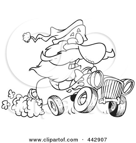 Royalty-Free (RF) Clip Art Illustration of a Cartoon Black And White Outline Design Of Santa Driving A Hot Rod by toonaday