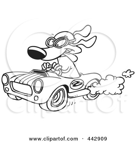 Royalty-Free (RF) Clip Art Illustration of a Cartoon Black And White Outline Design Of A Dog Racing A Hot Rod by toonaday