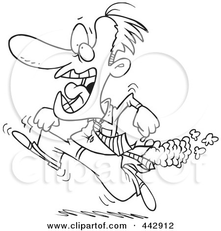 Royalty-Free (RF) Clip Art Illustration of a Cartoon Black And White Outline Design Of A Man Running With A Fiery Butt by toonaday