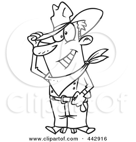 Royalty-Free (RF) Clip Art Illustration of a Cartoon Black And White Outline Design Of A Friendly Cowboy Tipping His Hat by toonaday