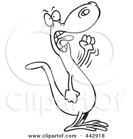 Royalty-Free (RF) Clip Art Illustration of a Cartoon Black And White Outline Design Of A Mad Lizard Waving His Fist by toonaday