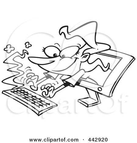 Royalty-Free (RF) Clip Art Illustration of a Cartoon Black And White Outline Design Of A Woman Typing From A Computer Screen by toonaday