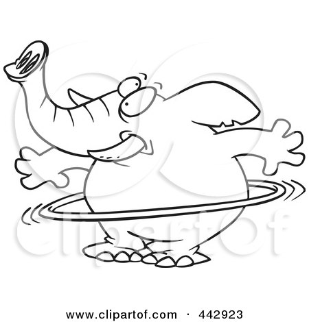 Royalty-Free (RF) Clip Art Illustration of a Cartoon Black And White Outline Design Of An Elephant Using A Hula Hoop by toonaday
