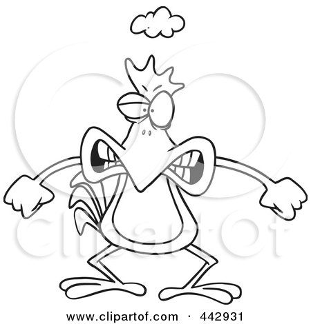 Royalty-Free (RF) Clip Art Illustration of a Cartoon Black And White Outline Design Of A Mad Chicken by toonaday