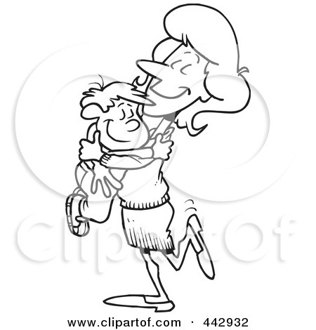 Royalty-Free (RF) Clip Art Illustration of a Cartoon Black And White Outline Design Of A Mom Hugging Her Son by toonaday