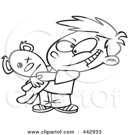 Royalty-Free (RF) Clip Art Illustration of a Cartoon Black And White Outline Design Of A Boy Hugging His Mangled Teddy Bear by toonaday