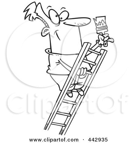 Royalty-Free (RF) Clip Art Illustration of a Cartoon Black And White Outline Design Of A Painter Climbing A Ladder by toonaday
