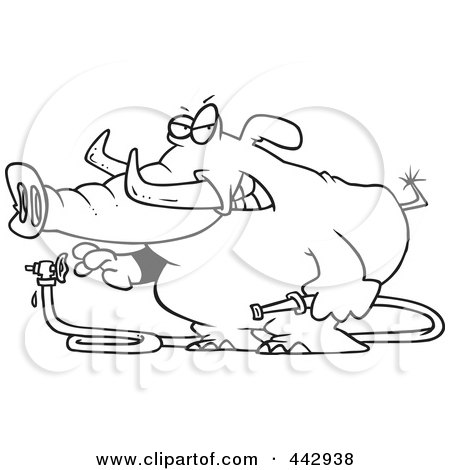 Royalty-Free (RF) Clip Art Illustration of a Cartoon Black And White Outline Design Of An Elephant Turning A Hose On by toonaday