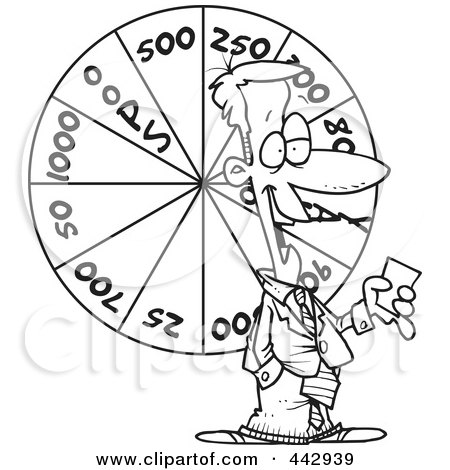 Royalty-Free (RF) Clip Art Illustration of a Cartoon Black And White Outline Design Of A Game Show Host With A Wheel by toonaday