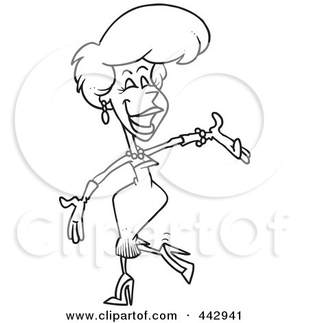 Royalty-Free (RF) Clip Art Illustration of a Cartoon Black And White Outline Design Of A Beautiful Female Hostess Presenting by toonaday