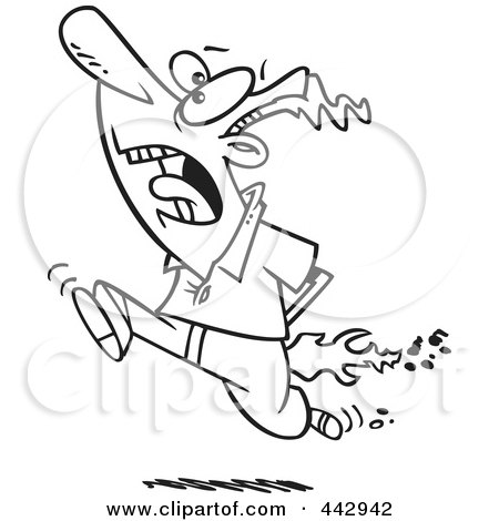 Royalty-Free (RF) Clip Art Illustration of a Cartoon Black And White Outline Design Of A Man Running With Flames by toonaday
