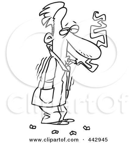 Royalty-Free (RF) Clip Art Illustration of a Cartoon Black And White Outline Design Of A Cold Man Shivering In His Jacket And Smoking by toonaday