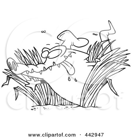 Royalty-Free (RF) Clip Art Illustration of a Cartoon Black And White Outline Design Of A Hungry Chef Gator In Grasses by toonaday