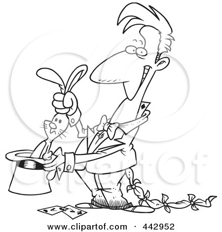 Royalty-Free (RF) Clip Art Illustration of a Cartoon Black And White Outline Design Of A Magician With A Rabbit In A Hat by toonaday